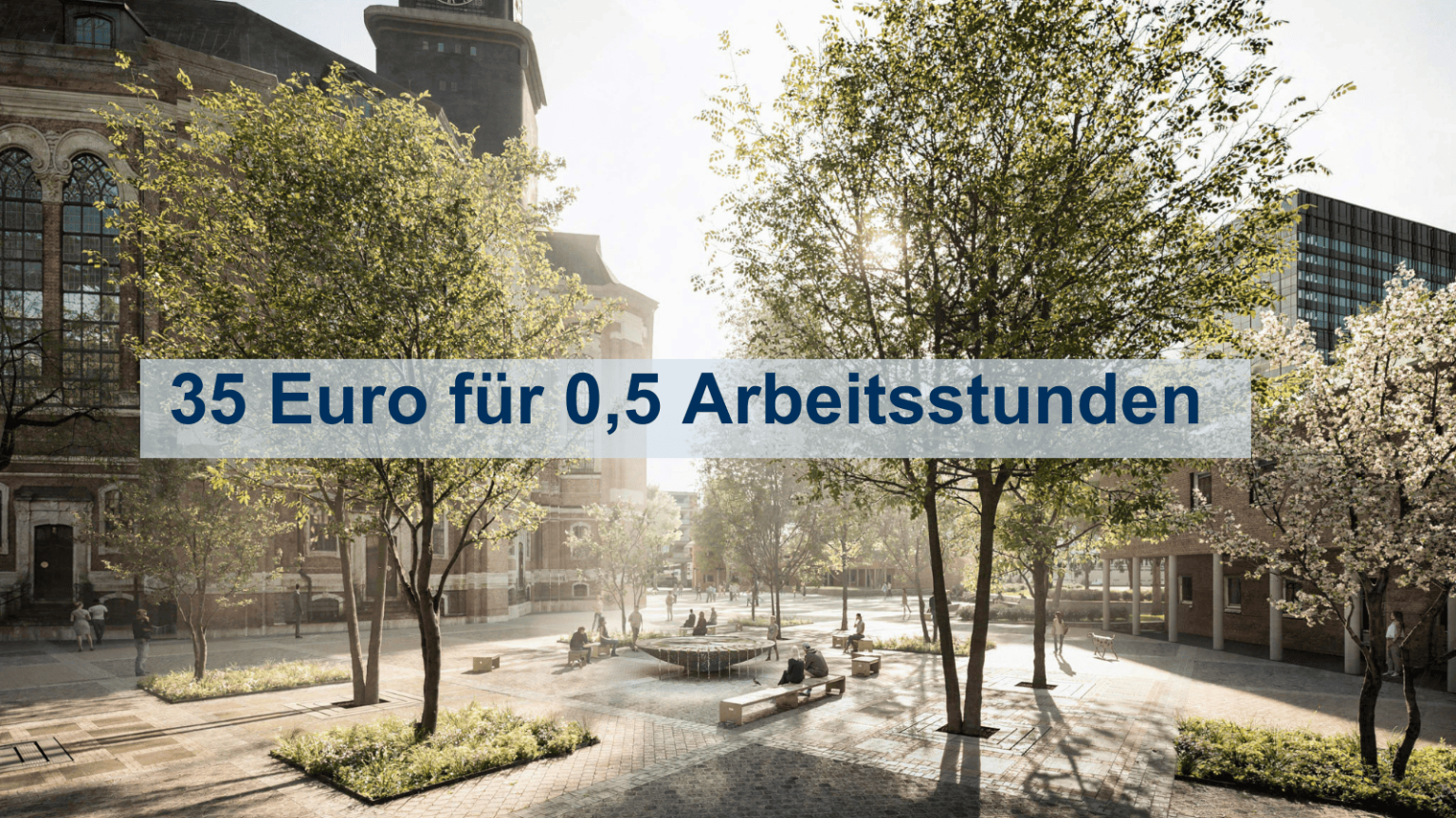 Visualisierung wie der Kirchplatz nach der Renovierung aussehen soll: Es Brunnen steht im Zentral, drum herum sind Bäume und Sitzgelegenheiten