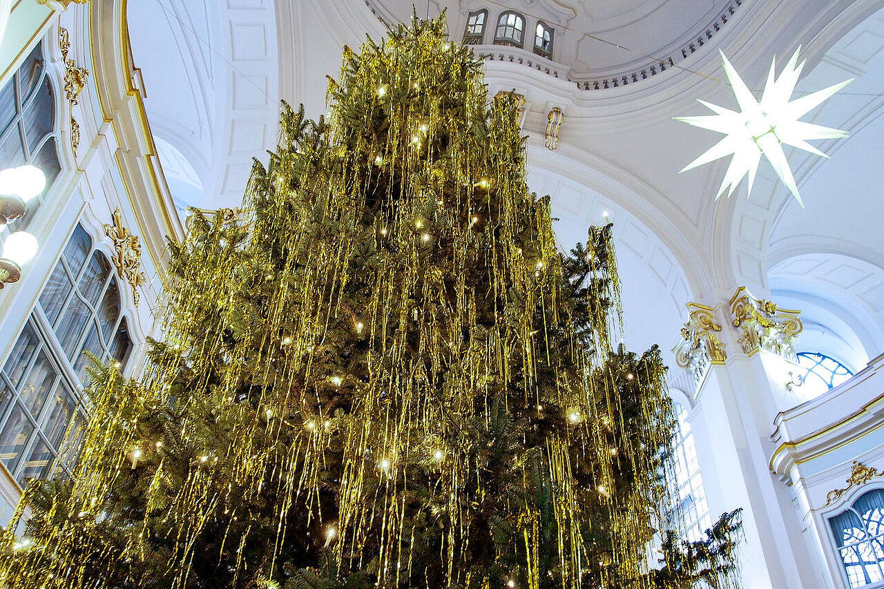 Der illuminierte Weihnachtsbaum im Altarraum des Michels, im Hintergrund der Herrnhuter Stern