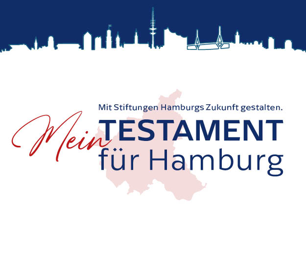Das Logo "Mein Testament für Hamburg" mit Hamburger Skyline im Hintergrund.