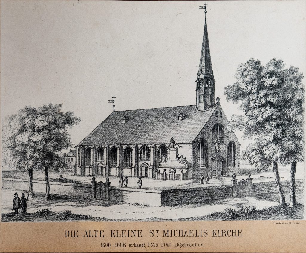 Lithografie der alten kleinen St. Michaelis-Kirche, 1600 - 1606